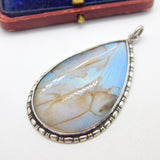 Large Sterling Silver Morpho Butterfly Wing Drop Pendant Antique c1920 Art Deco