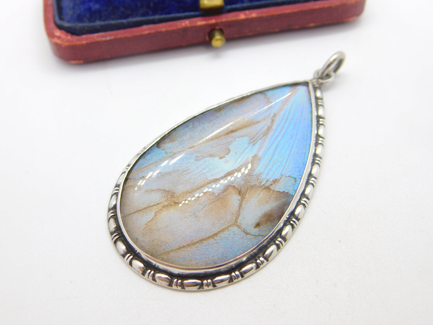 Large Sterling Silver Morpho Butterfly Wing Drop Pendant Antique c1920 Art Deco