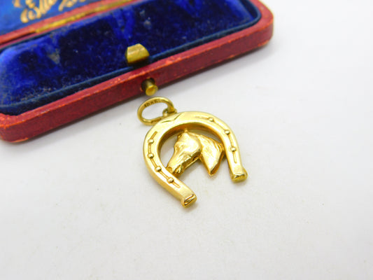 14ct Yellow Gold Horseshoe & Horse's Head Good Luck Pendant Vintage c1970