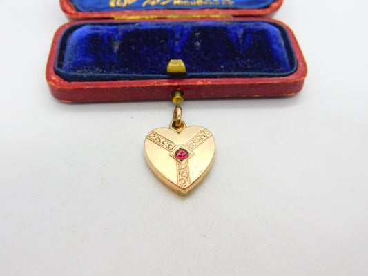 Victorian Gold Plated Heart Shaped Sweetheart Pendant with Ruby Paste c1900