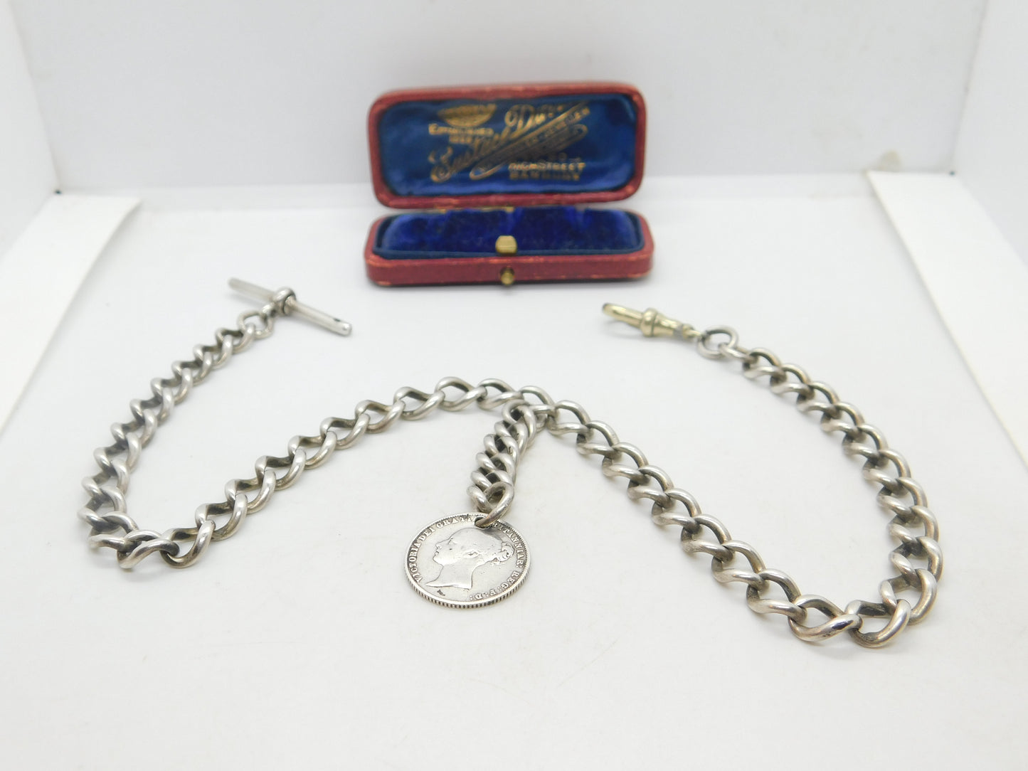 Victorian Sterling Silver Double Albert Watch Chain & Coin Fob Antique 1897