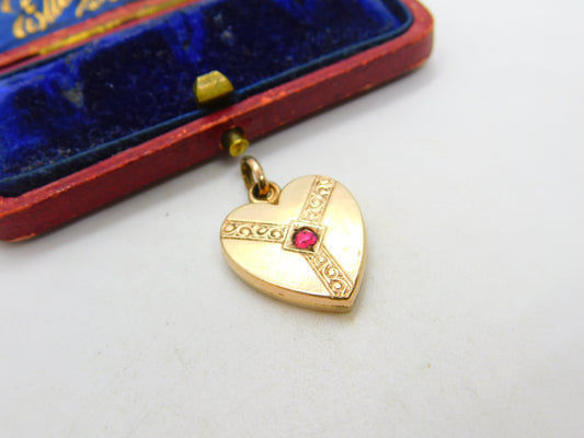 Victorian Gold Plated Heart Shaped Sweetheart Pendant with Ruby Paste c1900