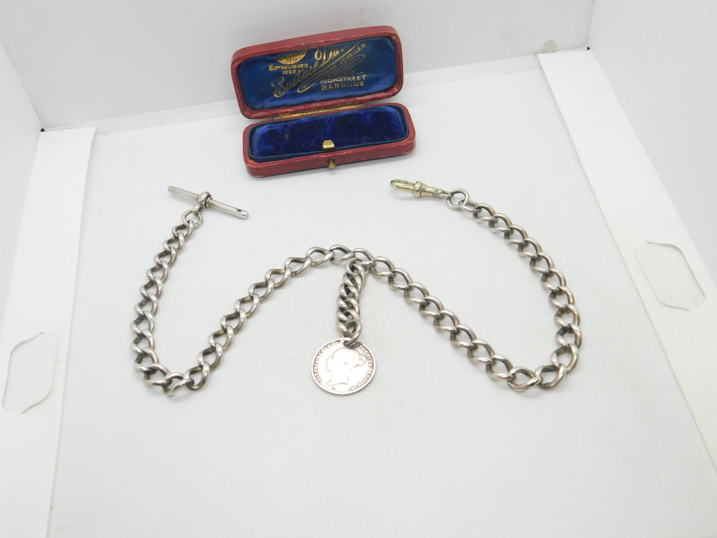 Victorian Sterling Silver Double Albert Watch Chain & Coin Fob Antique 1897