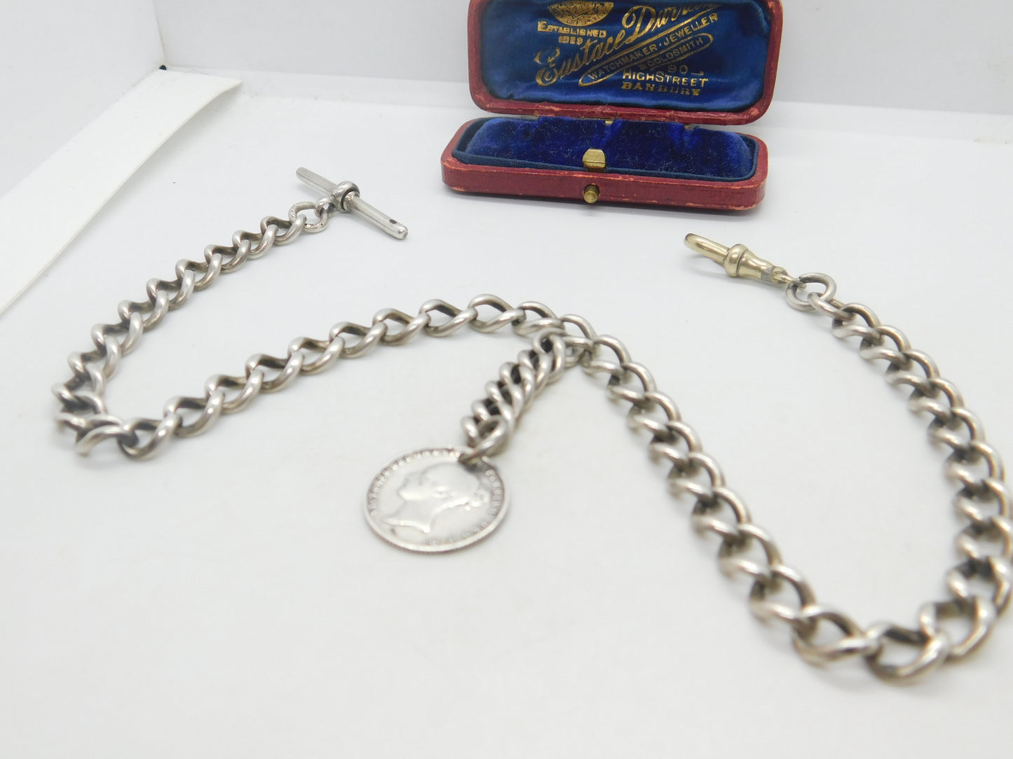 Victorian Sterling Silver Double Albert Watch Chain & Coin Fob Antique 1897