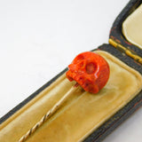 Georgian Boxed 9ct Gold, Red Coral Memento Mori Skull Stick Pin Antique c1820