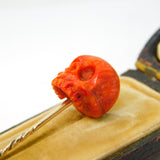 Georgian Boxed 9ct Gold, Red Coral Memento Mori Skull Stick Pin Antique c1820