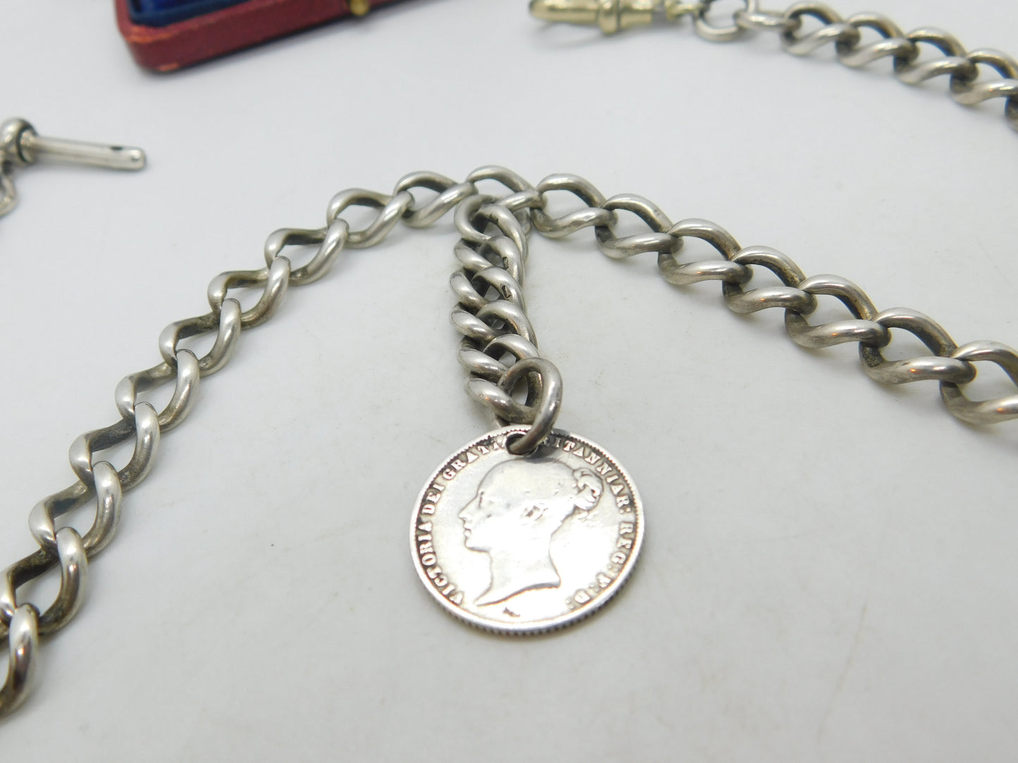 Victorian Sterling Silver Double Albert Watch Chain & Coin Fob Antique 1897