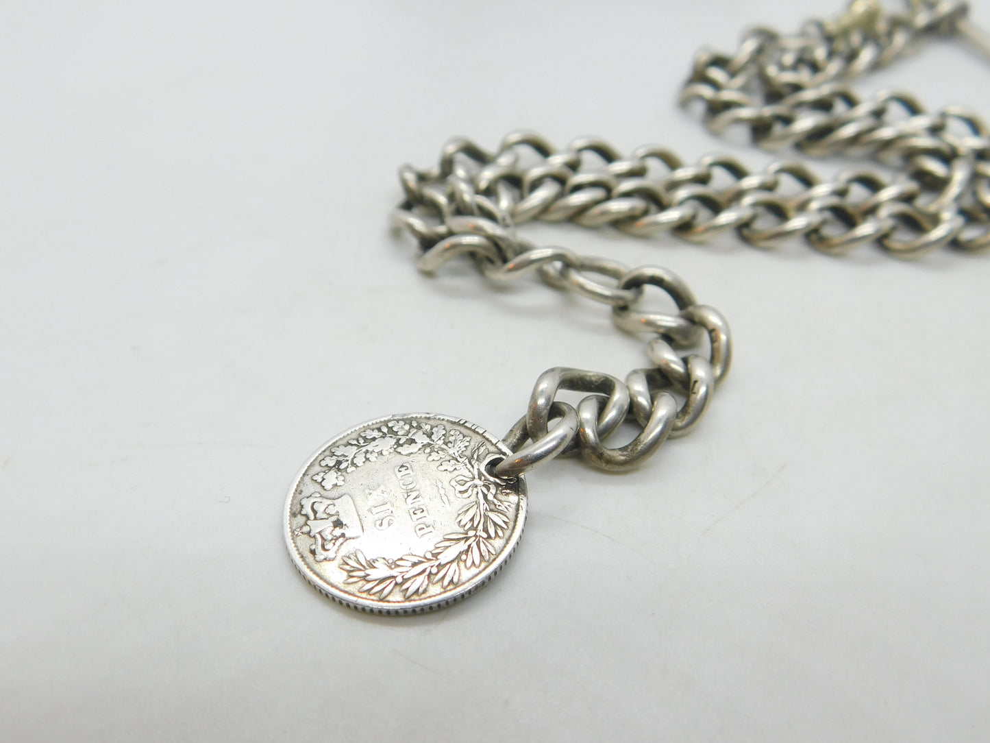 Victorian Sterling Silver Double Albert Watch Chain & Coin Fob Antique 1897