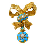 Victorian 18ct Gold, Blue Enamel, Old-Cut Diamond, Pearl Bow Brooch Antique c1850