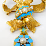 Victorian 18ct Gold, Blue Enamel, Old-Cut Diamond, Pearl Bow Brooch Antique c1850