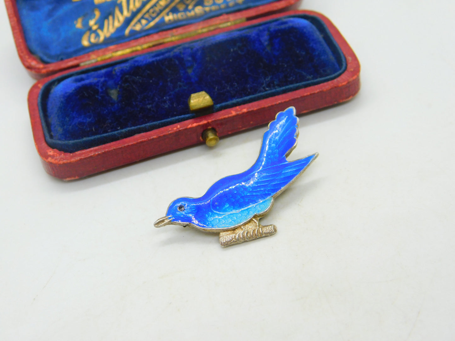 Sterling Silver & Blue Enamel Swallow Sweetheart Brooch Antique c1920 Art Deco