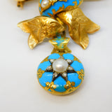 Victorian 18ct Gold, Blue Enamel, Old-Cut Diamond, Pearl Bow Brooch Antique c1850