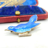 Sterling Silver & Blue Enamel Swallow Sweetheart Brooch Antique c1920 Art Deco