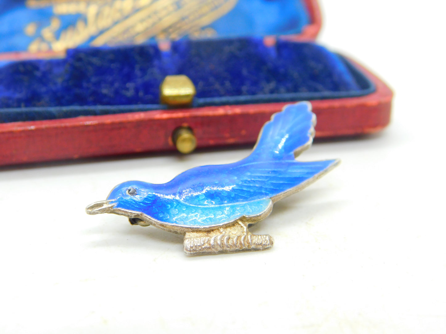 Sterling Silver & Blue Enamel Swallow Sweetheart Brooch Antique c1920 Art Deco