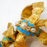 Victorian 18ct Gold, Blue Enamel, Old-Cut Diamond, Pearl Bow Brooch Antique c1850