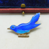 Sterling Silver & Blue Enamel Swallow Sweetheart Brooch Antique c1920 Art Deco