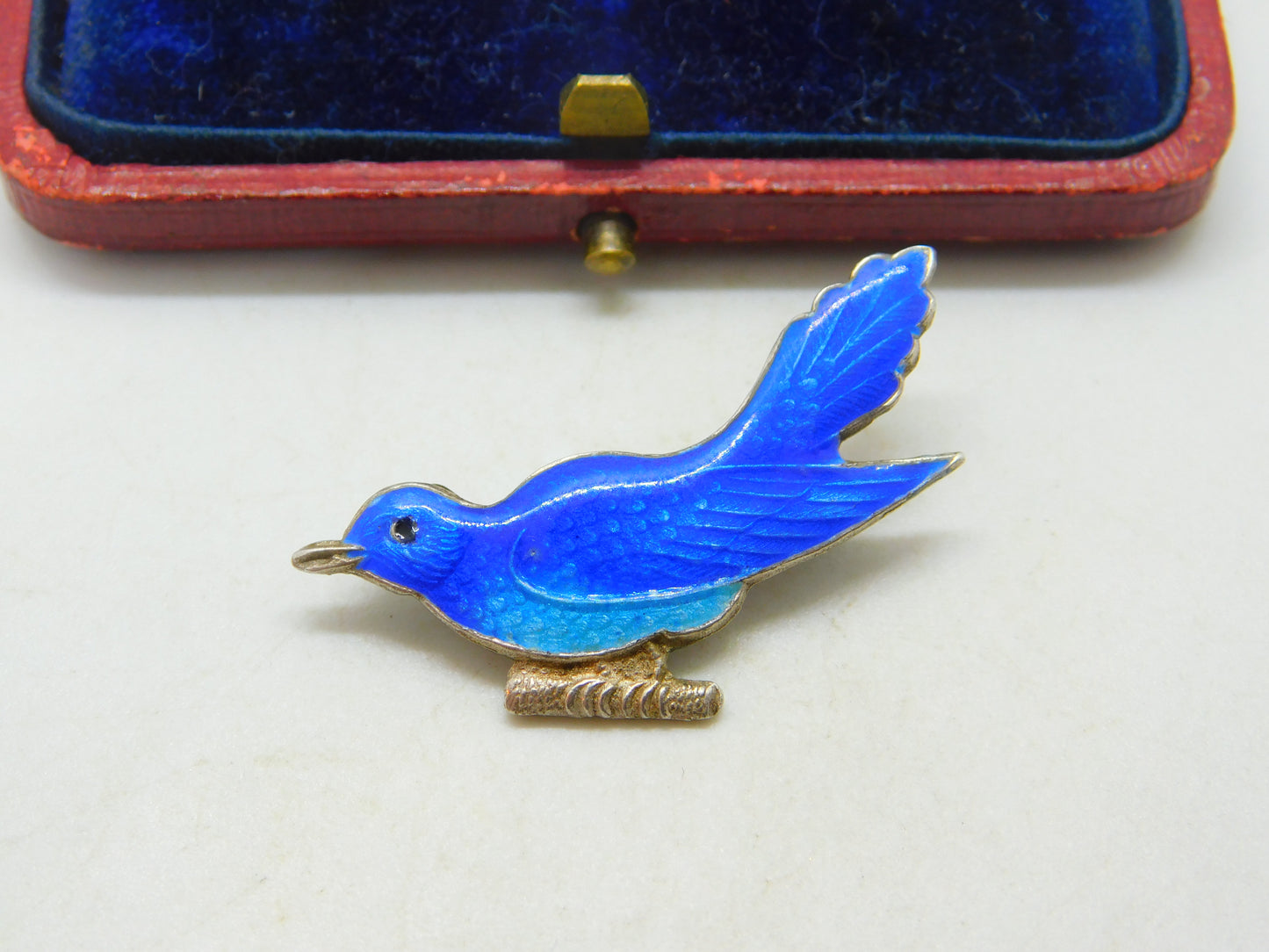 Sterling Silver & Blue Enamel Swallow Sweetheart Brooch Antique c1920 Art Deco