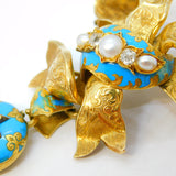 Victorian 18ct Gold, Blue Enamel, Old-Cut Diamond, Pearl Bow Brooch Antique c1850