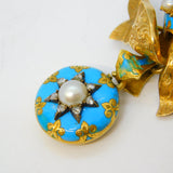 Victorian 18ct Gold, Blue Enamel, Old-Cut Diamond, Pearl Bow Brooch Antique c1850