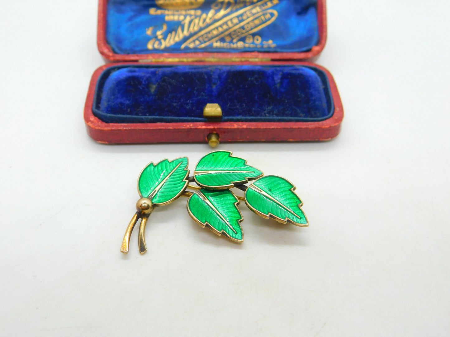 Denmark JEMAX Sterling Silver & Green Enamel Leaf Brooch Antique c1940 Art Deco