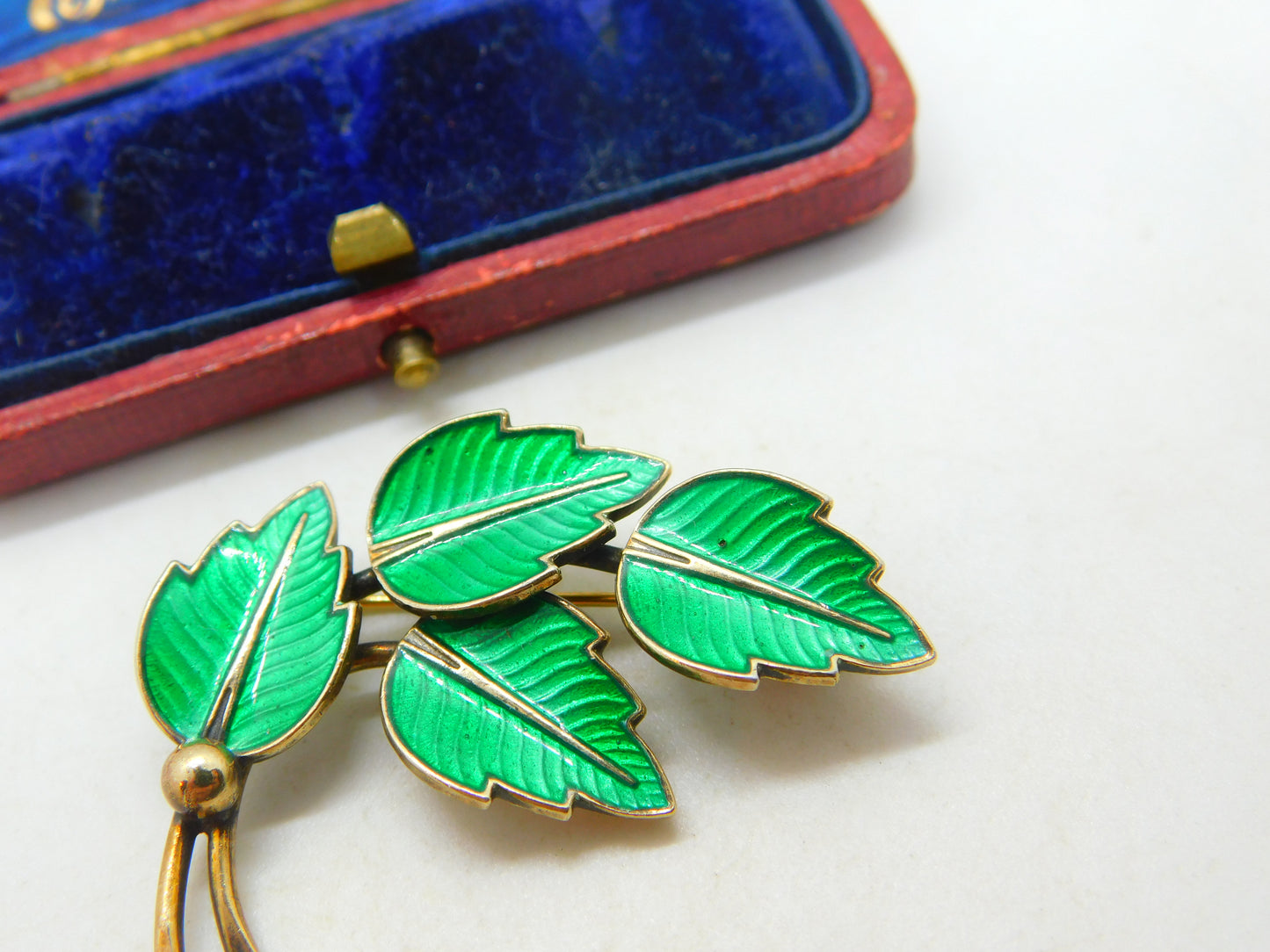 Denmark JEMAX Sterling Silver & Green Enamel Leaf Brooch Antique c1940 Art Deco