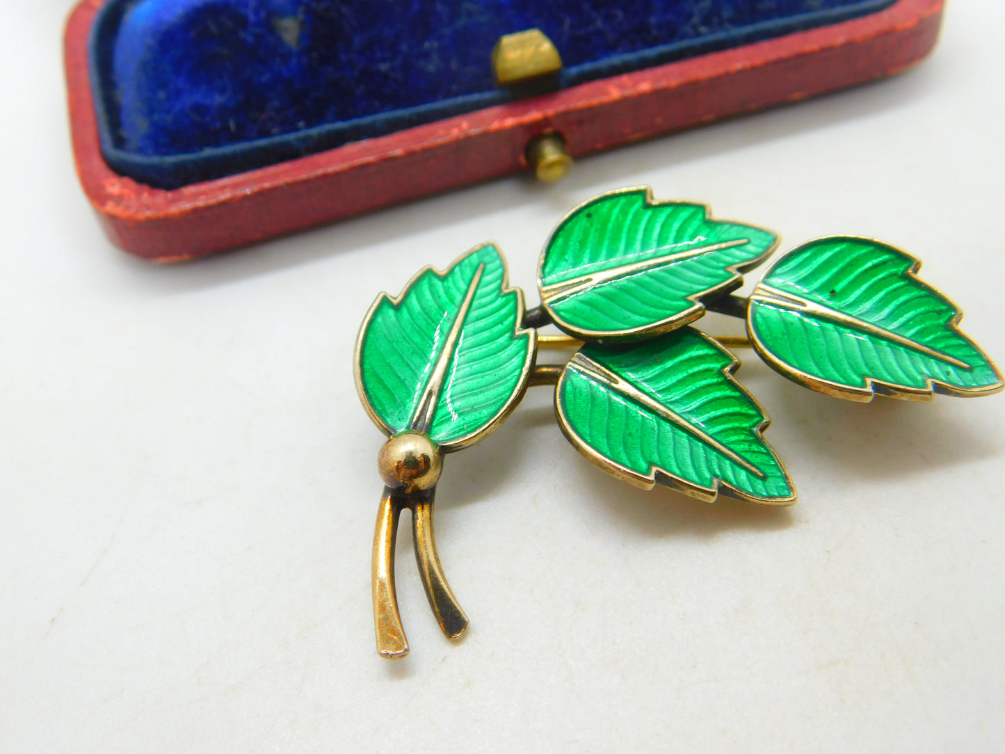 Denmark JEMAX Sterling Silver & Green Enamel Leaf Brooch Antique c1940 Art Deco