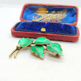Denmark JEMAX Sterling Silver & Green Enamel Leaf Brooch Antique c1940 Art Deco
