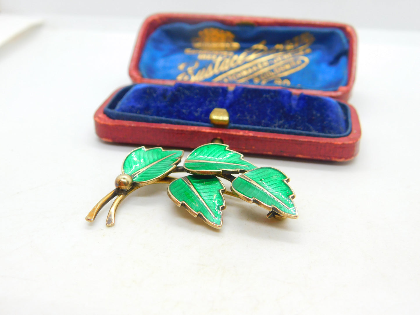 Denmark JEMAX Sterling Silver & Green Enamel Leaf Brooch Antique c1940 Art Deco