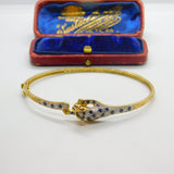 9ct Yellow Gold, Pave Set Sapphire & Diamond Leaping Panther Bangle Bracelet