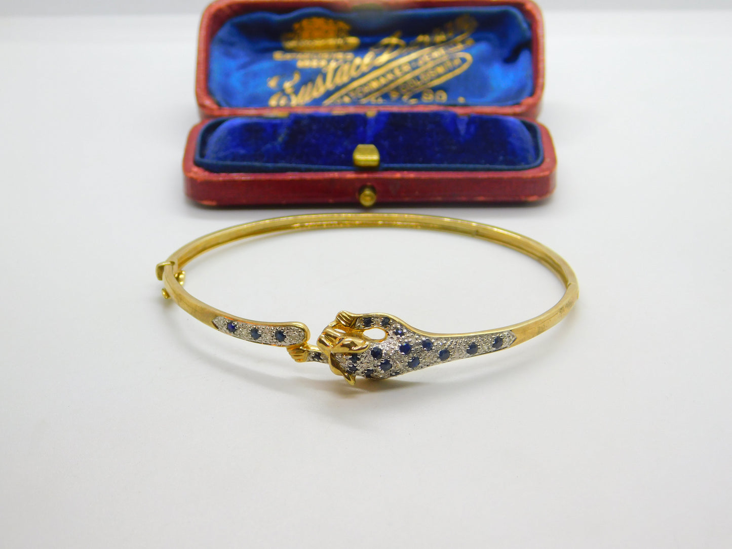 9ct Yellow Gold, Pave Set Sapphire & Diamond Leaping Panther Bangle Bracelet