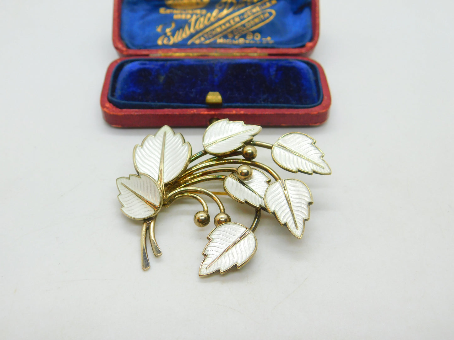 Denmark JEMAX Sterling Silver Gilt & White Enamel Art Nouveau Leaf Brooch c1940