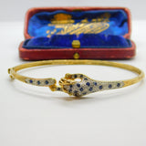 9ct Yellow Gold, Pave Set Sapphire & Diamond Leaping Panther Bangle Bracelet