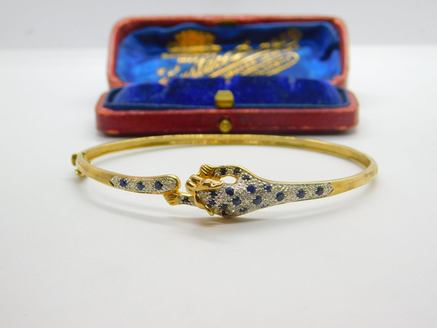 9ct Yellow Gold, Pave Set Sapphire & Diamond Leaping Panther Bangle Bracelet