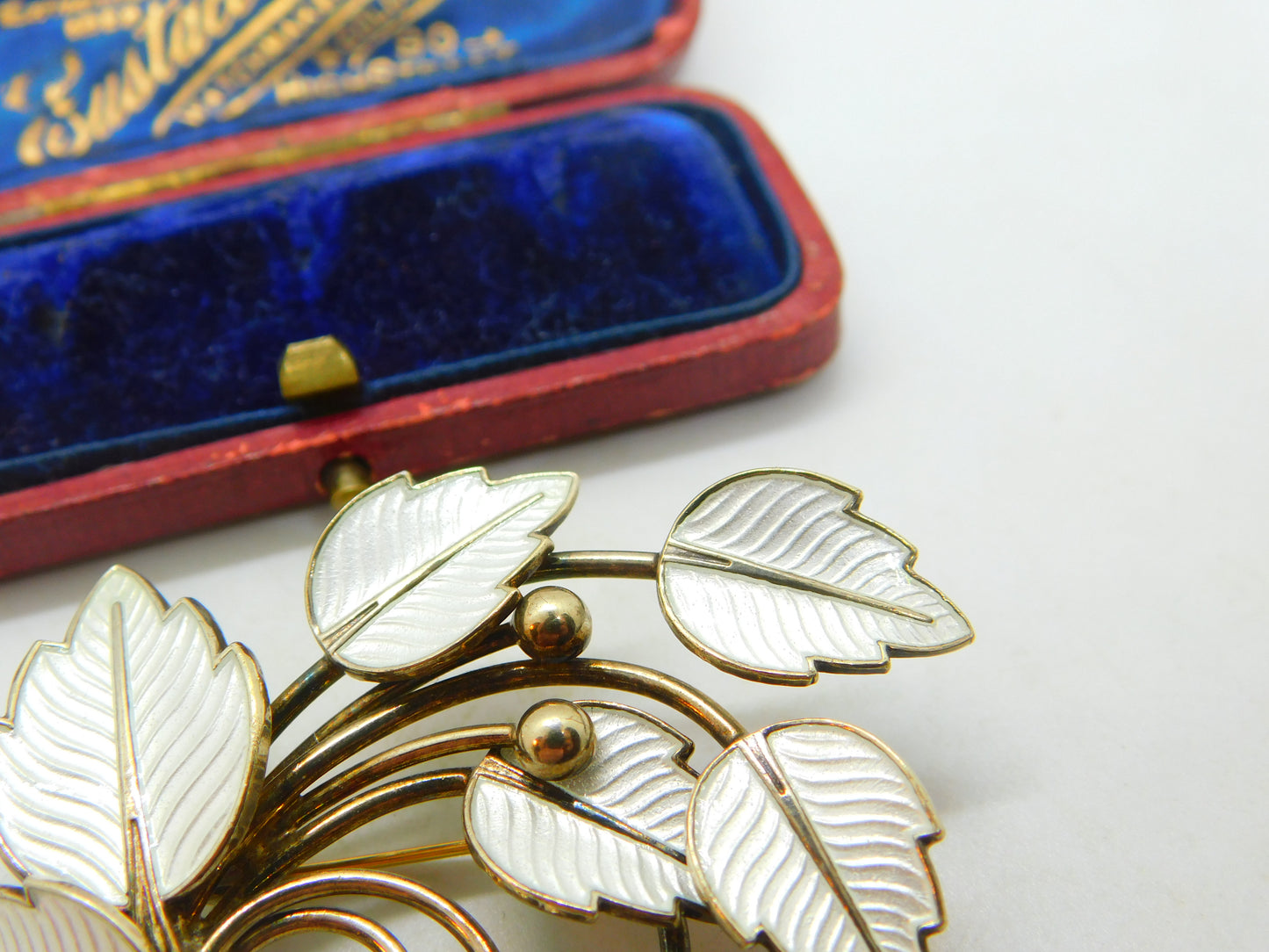 Denmark JEMAX Sterling Silver Gilt & White Enamel Art Nouveau Leaf Brooch c1940