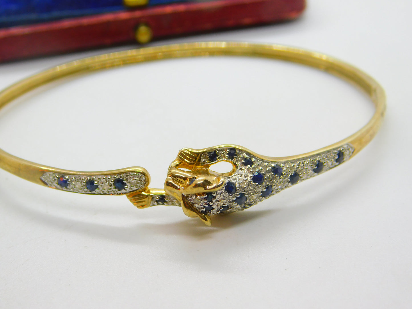 9ct Yellow Gold, Pave Set Sapphire & Diamond Leaping Panther Bangle Bracelet