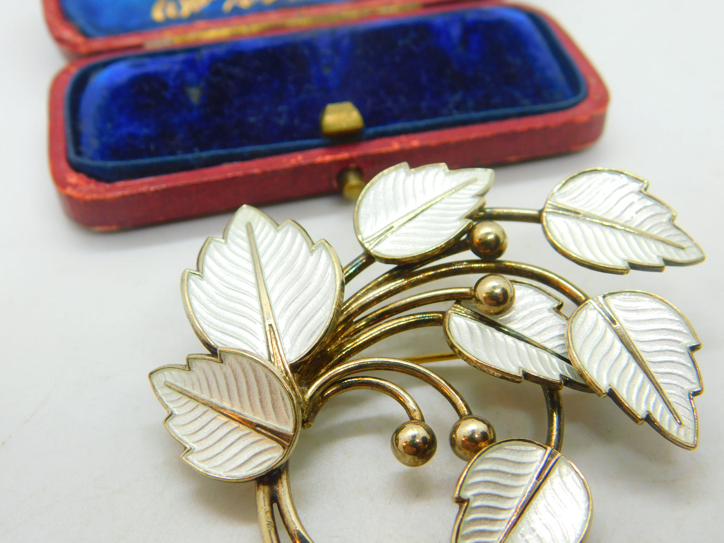 Denmark JEMAX Sterling Silver Gilt & White Enamel Art Nouveau Leaf Brooch c1940