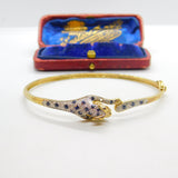 9ct Yellow Gold, Pave Set Sapphire & Diamond Leaping Panther Bangle Bracelet