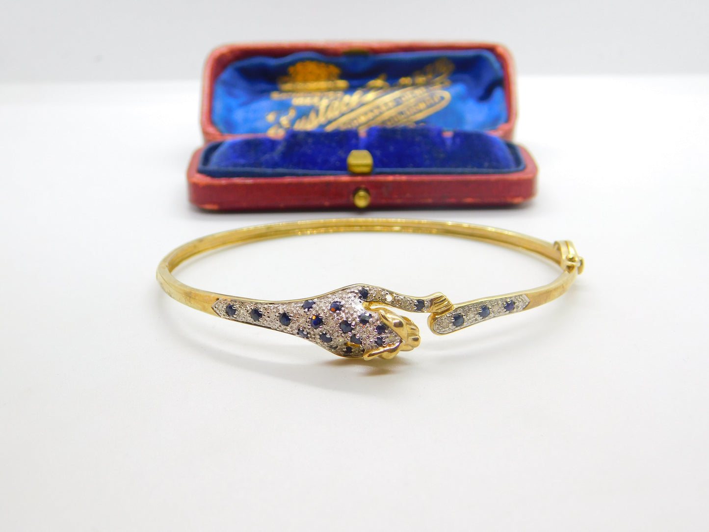 9ct Yellow Gold, Pave Set Sapphire & Diamond Leaping Panther Bangle Bracelet