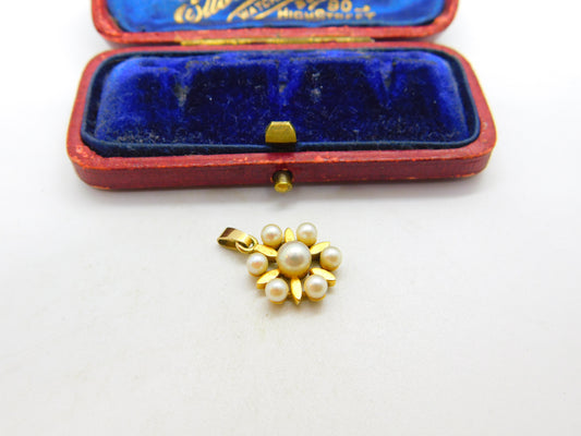 14ct Yellow Gold & Pearl Set Daisy Floral Pendant Antique c1920 Art Deco