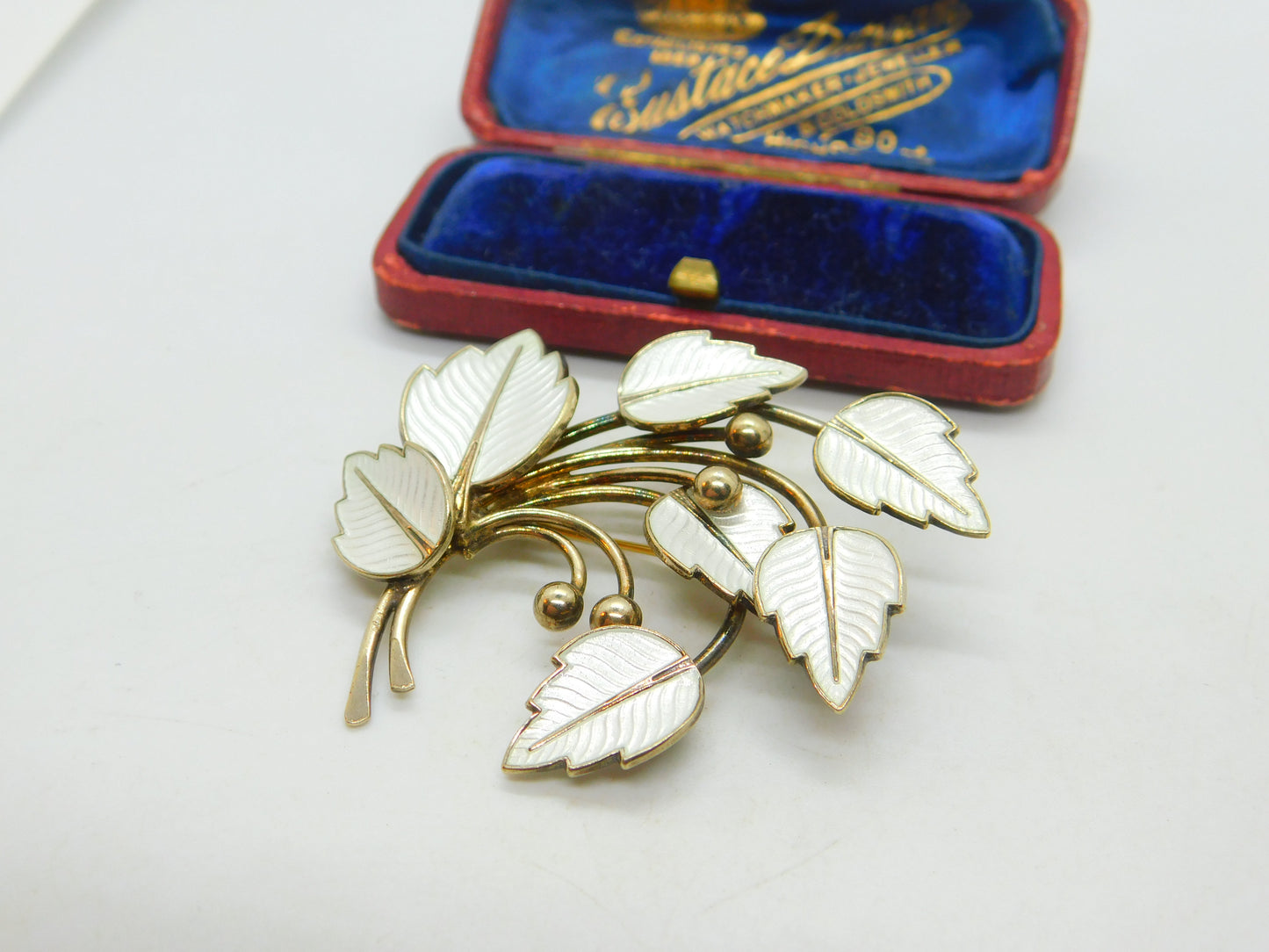 Denmark JEMAX Sterling Silver Gilt & White Enamel Art Nouveau Leaf Brooch c1940