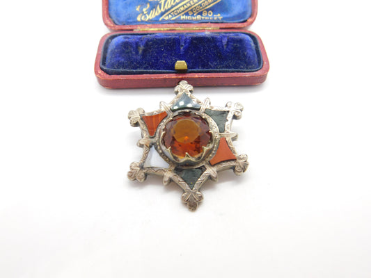 Victorian Scottish Sterling Silver Star Form Brooch Agate, Bloodstone c1860