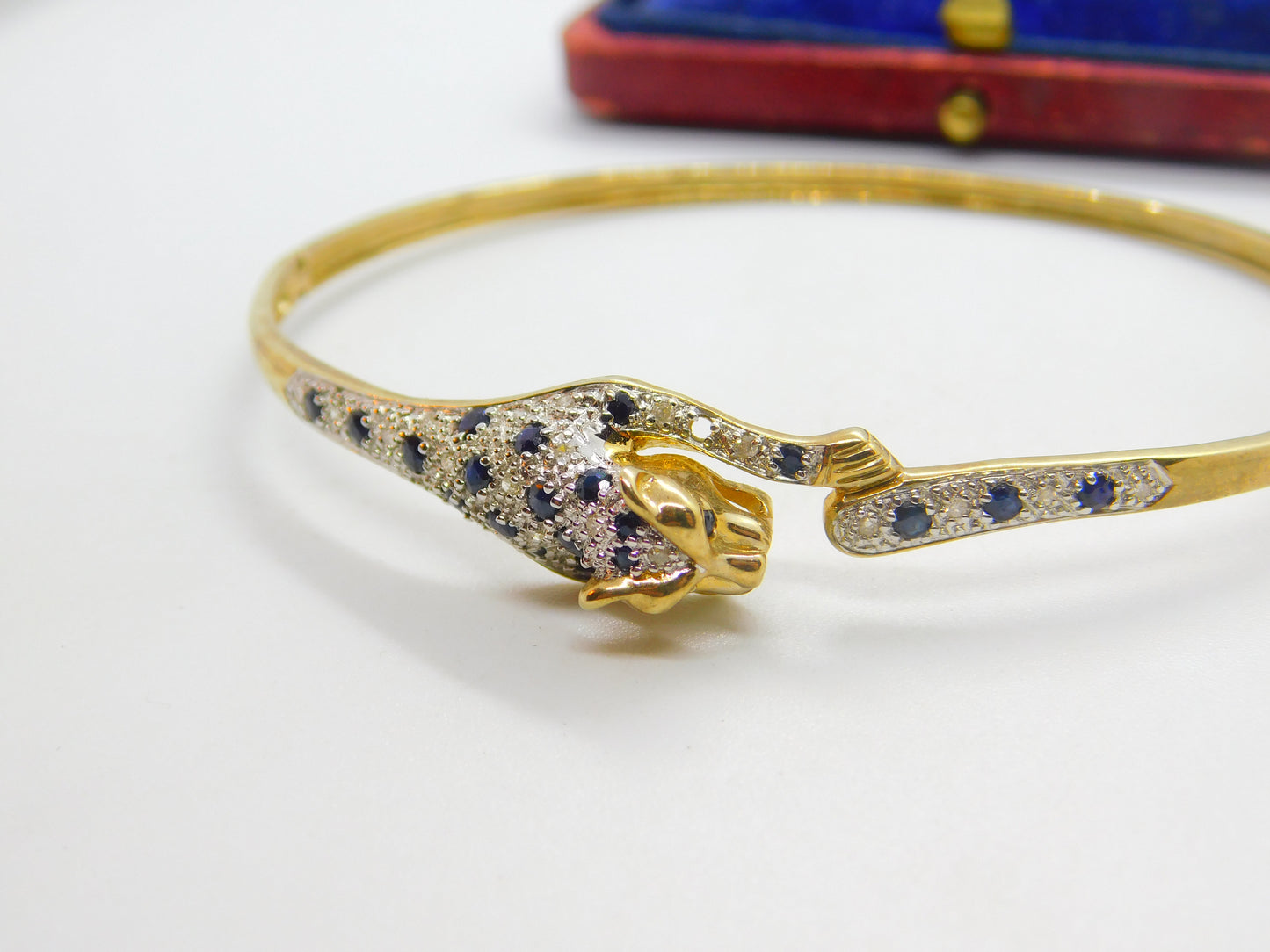 9ct Yellow Gold, Pave Set Sapphire & Diamond Leaping Panther Bangle Bracelet