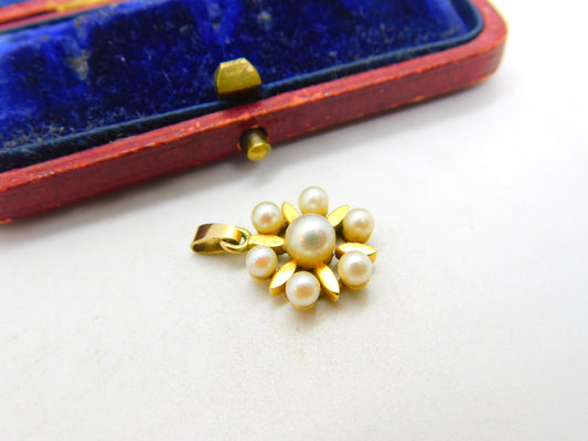 14ct Yellow Gold & Pearl Set Daisy Floral Pendant Antique c1920 Art Deco