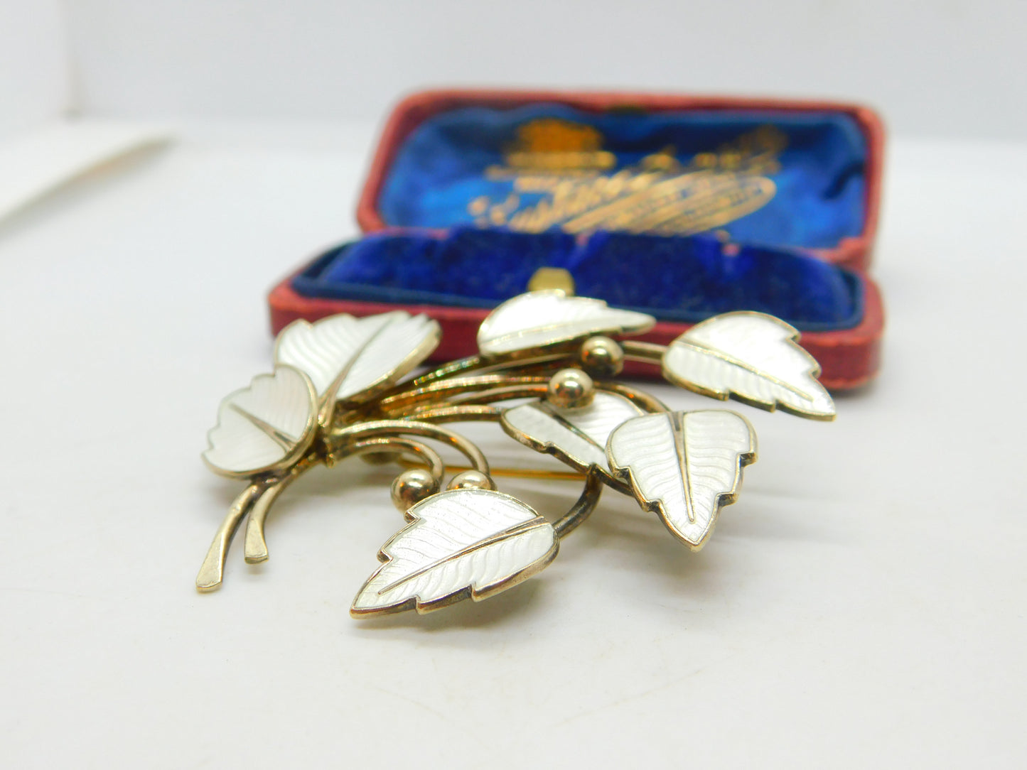 Denmark JEMAX Sterling Silver Gilt & White Enamel Art Nouveau Leaf Brooch c1940