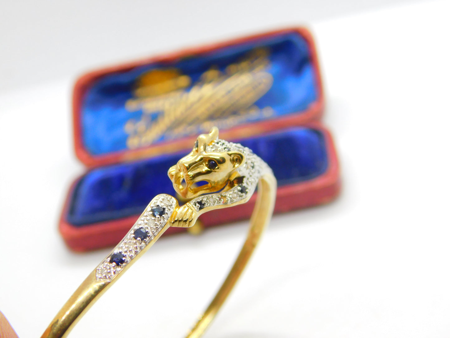 9ct Yellow Gold, Pave Set Sapphire & Diamond Leaping Panther Bangle Bracelet