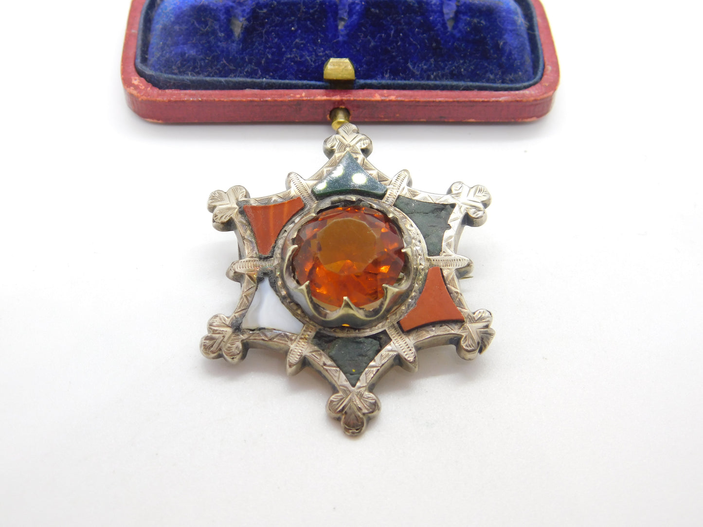 Victorian Scottish Sterling Silver Star Form Brooch Agate, Bloodstone c1860