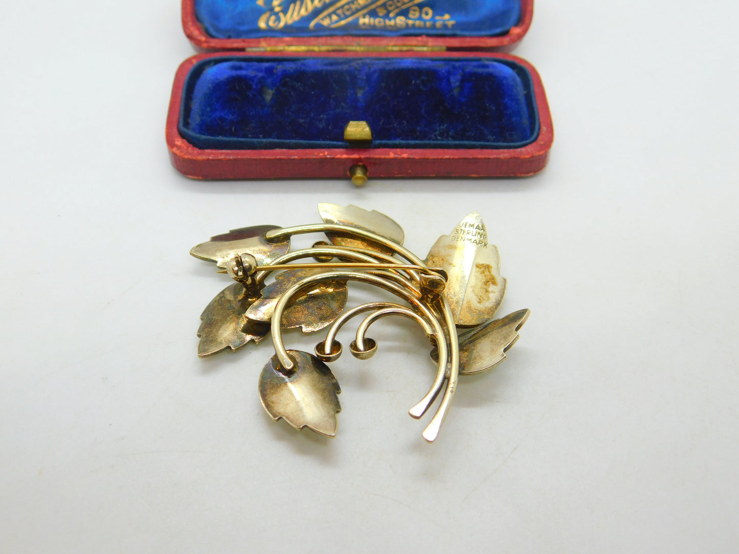 Denmark JEMAX Sterling Silver Gilt & White Enamel Art Nouveau Leaf Brooch c1940