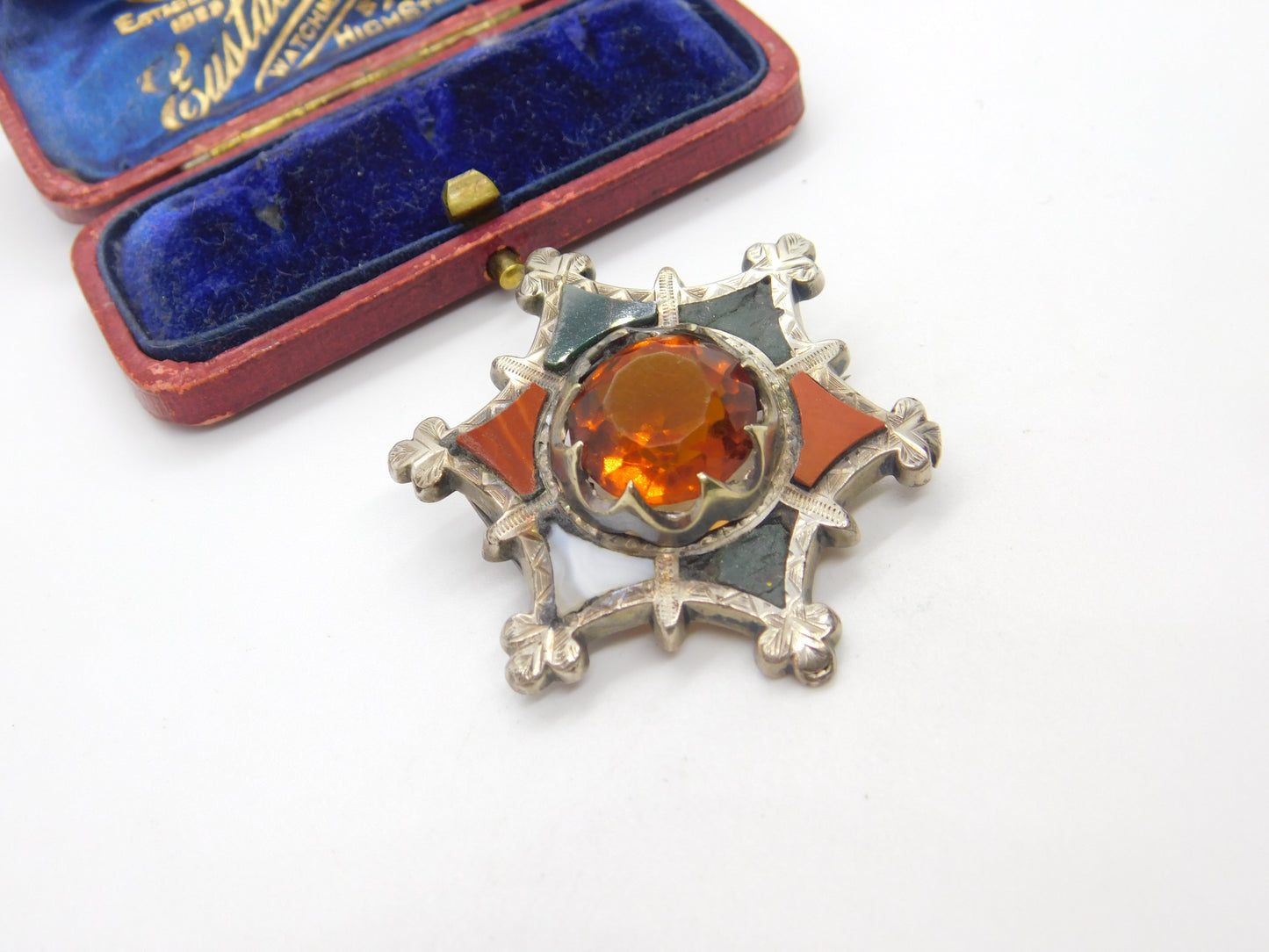 Victorian Scottish Sterling Silver Star Form Brooch Agate, Bloodstone c1860