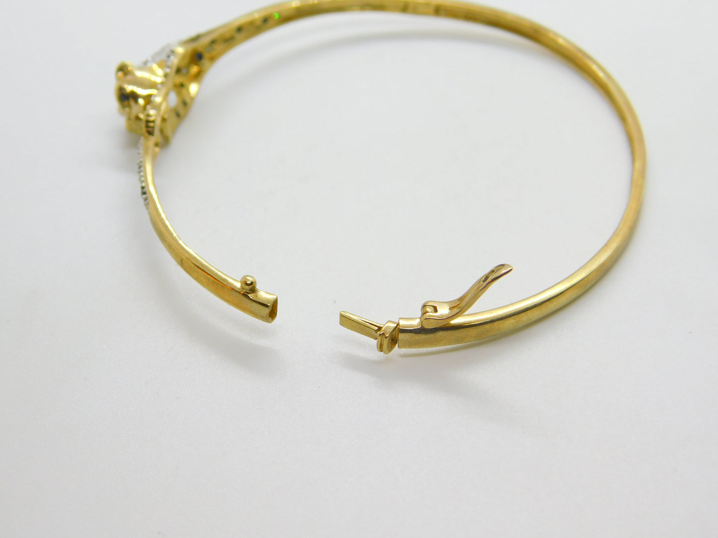 9ct Yellow Gold, Pave Set Sapphire & Diamond Leaping Panther Bangle Bracelet