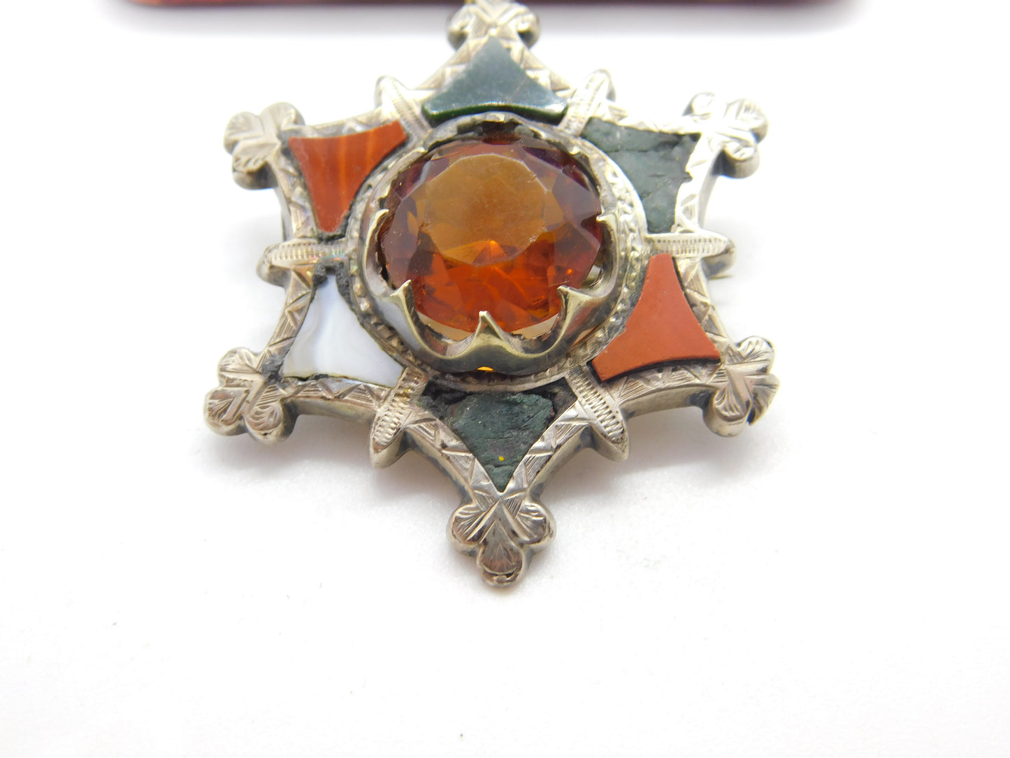 Victorian Scottish Sterling Silver Star Form Brooch Agate, Bloodstone c1860